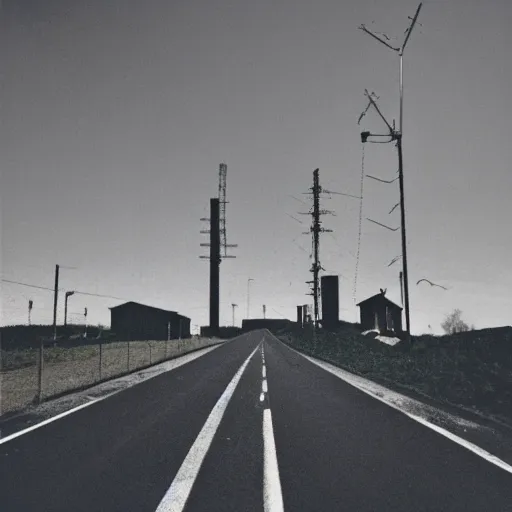 Prompt: a road next to warehouses, and a hill background with a radio tower on top, disposable camera effect