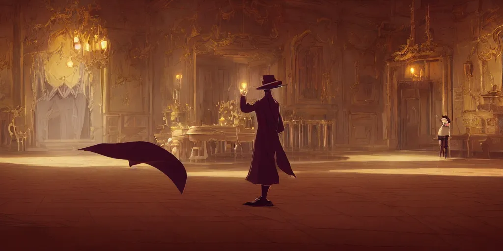 Prompt: animation key shot of a magician with a pointy hat dressed sweeping the floor in an elegant castle, studio ghibli, pixar and disney animation, sharp, rendered in unreal engine 5, anime key art by greg rutkowski, bloom, dramatic lighting