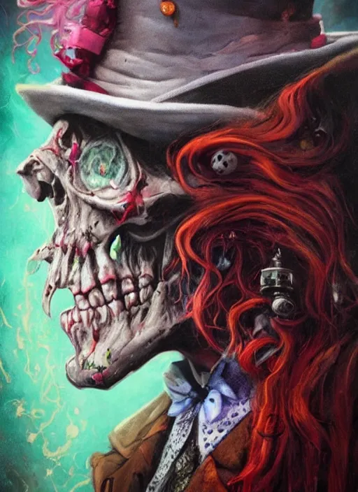 Prompt: mad hatter, call of cthulhu, half skull half face, highly detailed, cinematic, 8 k, by megan duncanson, benjamin lacombe, adrian borda, stanley artgermm, tom bagshaw, craig mullins, carne griffiths, ayami kojima, beksinski, giger, trending on deviantart, hyper detailed, horror, full of colour