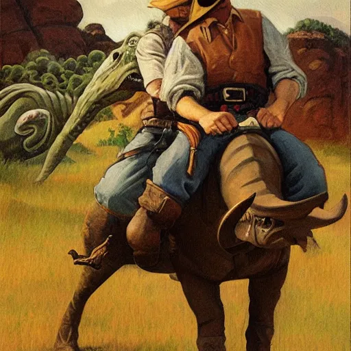 Image similar to a painting of a cowboy riding a dinosaur in the style of n. c. wyeth and in the style of james gurney.
