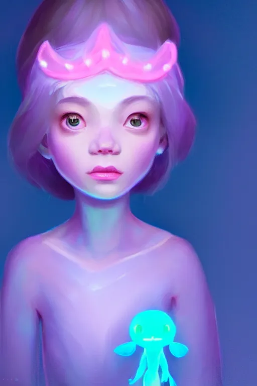 Image similar to super cute Bioluminescent Princess character concept, soft light, soft mood, realistic body features and face, illustration, painting oil on canvas by Elena Zhurikhina and Goro Fujita, octane render trending on artstation, 4k, 8k, HD