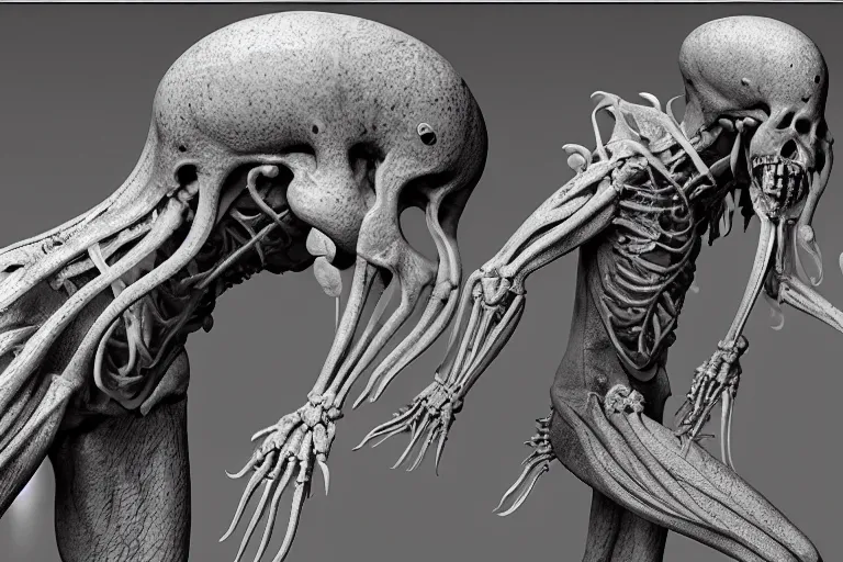 Image similar to a squid monster eating a person, john carpenter, eighties practical horror special effects, cosmic horror, protruding bones, trending on zbrush central, neoplasticism, lovecraftian, zbrush, biomorphic, nightcafe