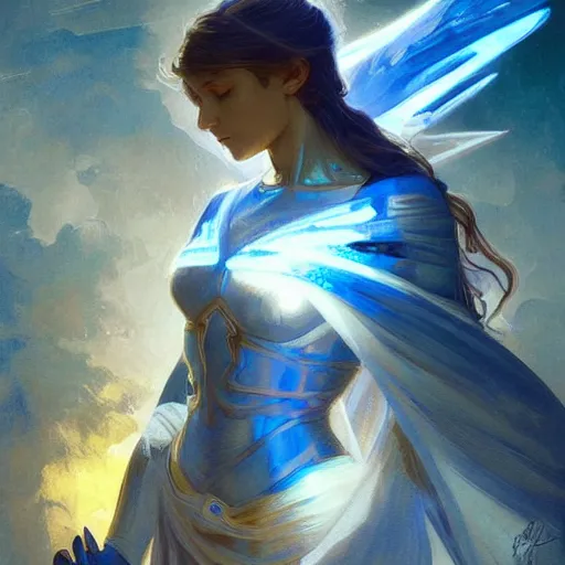 Image similar to warriors of light like angels, blue and yellow, highly detailed, digital painting, artstation, concept art, smooth, sharp focus, illustration, cinematic lighting, art by artgerm and greg rutkowski and alphonse mucha