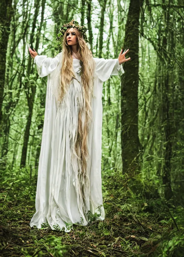 Image similar to young beautiful fey druid woman, full body portrait, long white hair, flower crown, long dark green robes, intricate, standing in a dark forest, sunbeams shining down, high fantasy, romanticism