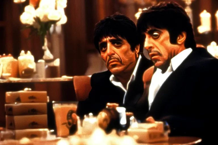 Image similar to tony montana from movie scarface 1 9 8 3 sitting behind a big black oak table with big large packages of flour. long shot. al pacino. perfect symmetric face, coherent eyes, fine details, 4 k, ron cobb, cinestill. last scene from scarface movie