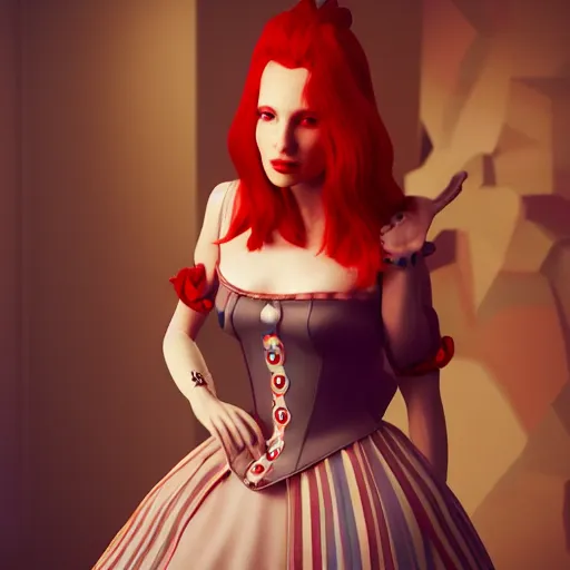 Image similar to red head queen, alice in wonderland theme, disney photo realistic, octane render, 8 k, unreal engine, hd, cinematic lighting