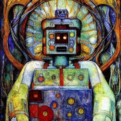 Image similar to the robot on the forest throne, by Annie Swynnerton and Diego Rivera, symbolist, dramatic lighting, elaborate geometric ornament, Art Brut ,god rays, soft cool colors,smooth, sharp focus, extremely detailed, Adolf Wölfli