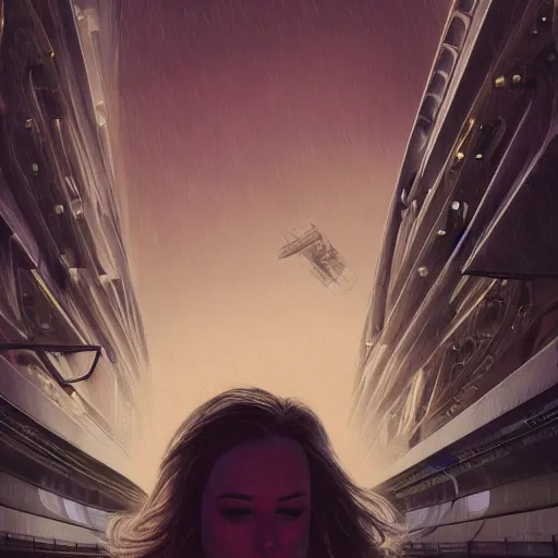 Image similar to detailed face of a woman, clockwork, moment, tectonic sky, skydome, bullet train, turbines, utopian, tech noir, wet reflections, prism, atmospheric, ambient, pj crook, syd mead, livia prima, artgerm, greg rutkowski, nick alm, casey baugh