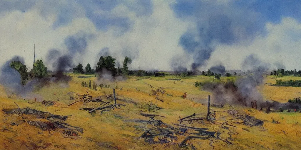 Image similar to an eastern front battlefield landscape, summertime, ruined house, artillery craters, distant smoke column on the horizon, oil painting in the style of peredvizhniki