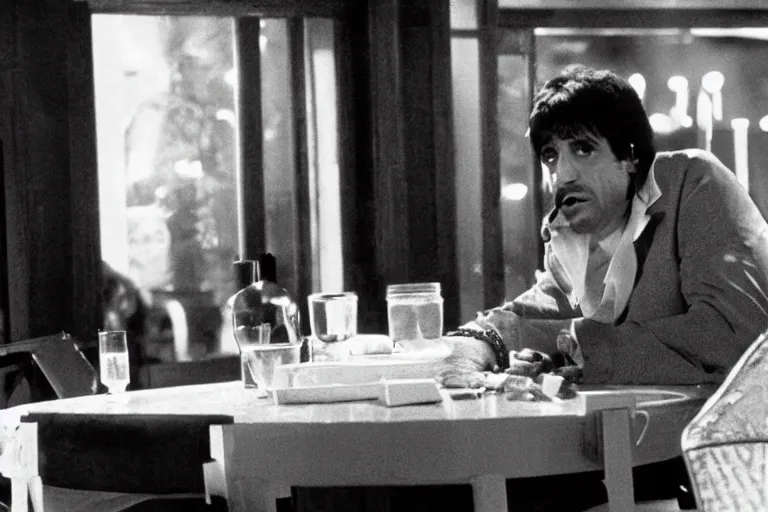 Prompt: tony montana from movie scarface 1 9 8 3 sitting at a table with packages of flour. next to the night window. al pacino. perfect symmetric face, coherent eyes, fine details, 8 k, ron cobb