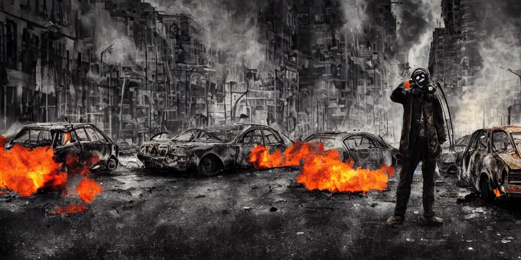 Image similar to post - apocalyptic city streets, close - up shot of an anarchist with a gasmask, burned cars, explosions, colorful smoke, hyperrealistic, gritty, damaged, dark, urban photography, photorealistic, high details