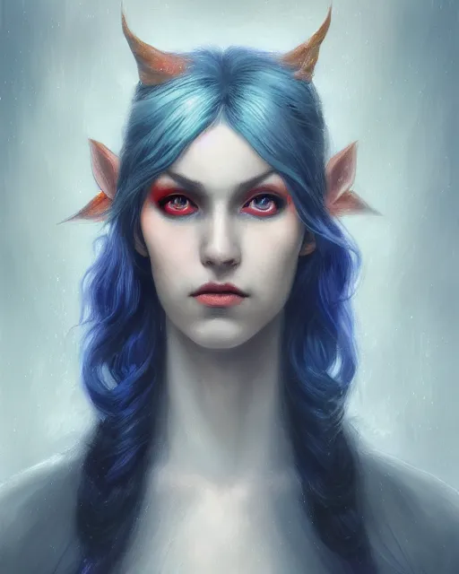 Image similar to A detailed matte oil on canvas head on symmetrical portrait of a beautiful distinguished elven woman with split red and blue hair on an empty background, by Charlie bowater, Wlop, trending on artstationhd, dungeons and dragons art, parted hair , half blue, half red , split dye, critical role