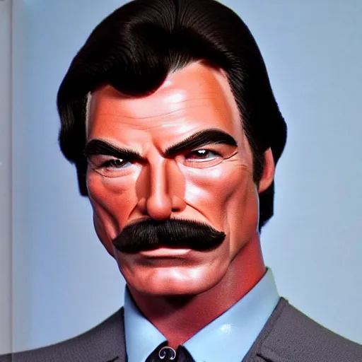 Image similar to The Lovechild of a 1970s Tom Selleck and 1970s Christopher Reeve, real life, hyperrealistic, ultra realistic, realistic, highly detailed, epic, HD quality, 8k resolution, body and headshot, front facing, front view, headshot and bodyshot, detailed face, very detailed face, full body and head, TF2 Style, Team Fortress 2 Style, TF2 Character, Team Fortress 2 Character