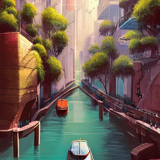 Prompt: Narrow cosy waterway in futuristic sci-fi city in harmony with nature. Nice colour scheme, soft warm colour. Beautiful detailed illustration by Lurid. (2022)