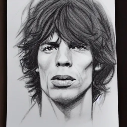 Image similar to rough sketch charcoal portrait of young mick jagger, angled with thick grainy straight strokes around, trending on instagram