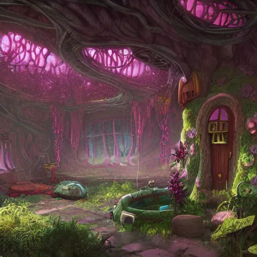 Prompt: concept art painting of a interior of a fungal cozy alien fantasy fairytale house, with black vines and magenta plants, realistic, detailed, cel shaded, dark, in the style of makoto shinkai and greg rutkowski and james gurney