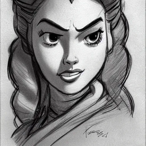 Image similar to milt kahl sketch of princess padme from star wars episode 3 with hair tendrils