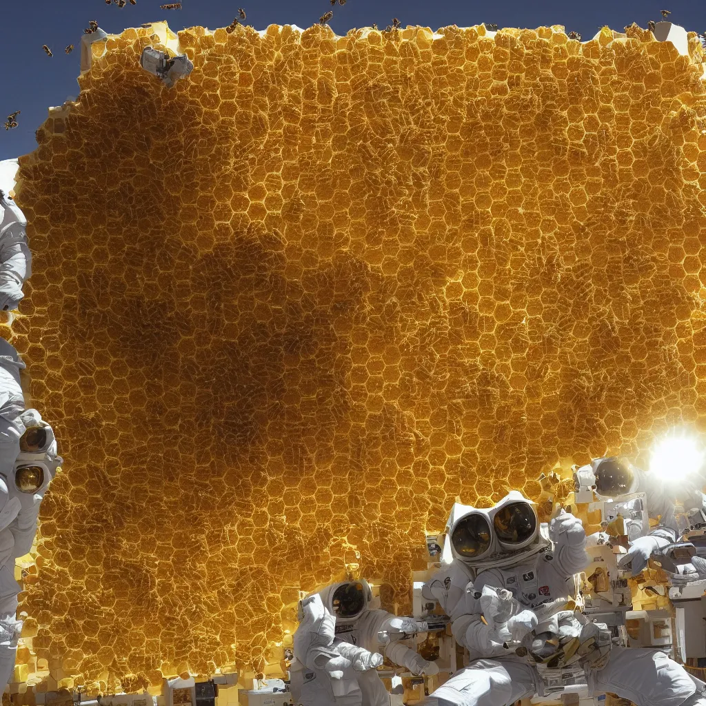 Image similar to james webb telecsope in space, made out of honey, with bees flying around it