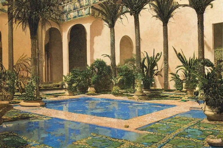 Image similar to painting of a beautiful moorish palace courtyard garden, by rudolf ernst and maxfield parrish, patterned tilework, palm trees, tiled fountains, extremely detailed, cinematic lighting, smooth sharp focus