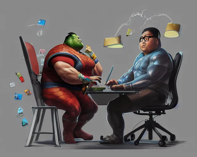 Image similar to an insanely detailed painting of a slightly chubby, nerdy asian man wearing a superhero costume, sitting at a desk, staring at the nervously at the computer and typing, in the style of peter mohrbacher, dramatic lighting and composition, octane render, pixar, trending on artstation, concept art, comic book, view from behind