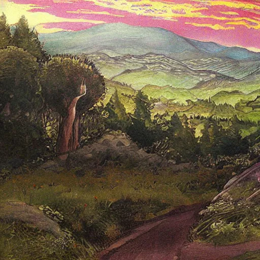 Image similar to Rarely Seen Paintings by Tolkien Portray a Lush ‘Lord of the Rings’ Landscape