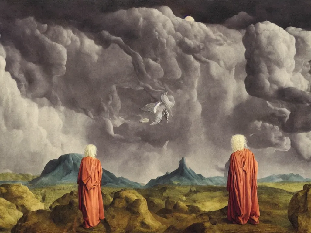 Prompt: albino mystic, with his back turned, looking at a storm over over the mountains in the distance, with dinosaur. Painting by Jan van Eyck, Audubon, Rene Magritte, Agnes Pelton, Max Ernst, Walton Ford