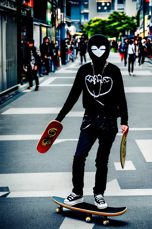 Image similar to masked guy with skateboard in harajuku, portrait, cinematic view, bokeh, extreme detailed, vogue photo style, proportional, dynamic composition, intricate, comfort posse, smooth, sharp focus, body features, ultra realistic, award winning photo, captured by nikon d 8 5 0, 4 5. 7 mp lens, 4 k, full body.