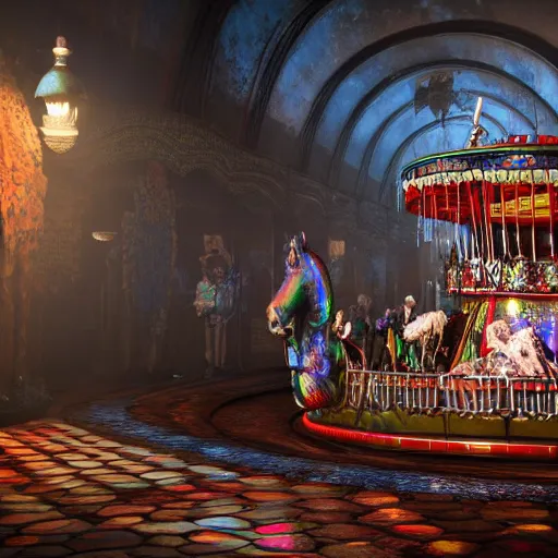 Image similar to Carousel of the damned horror painting unreal engine 3D depth of field 8K HDR Colorful Rainbows Iridescent metallic chrome