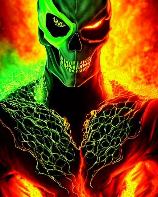 Prompt: green fiery eyes spawn - ghost rider - hybrid, supervillains, intricate artwork, concept art, eyes octane render, deviant art, cinematic, key art, hyperrealism, iridescent accents, portrait photograph, in hell, nikon 3 5 mm, photograph by greg