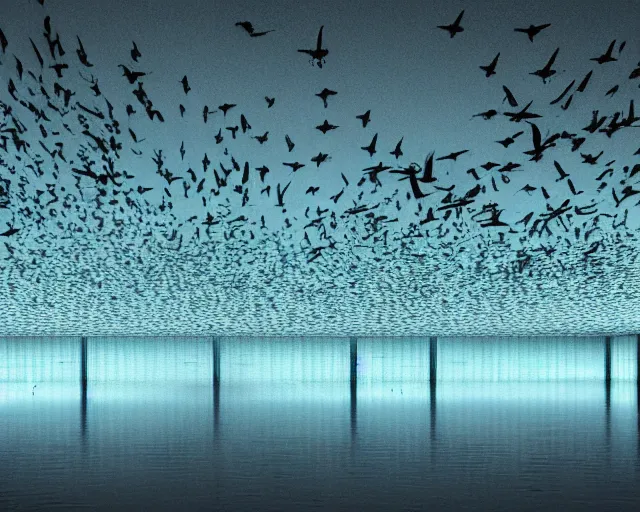 Image similar to concrete birds. laminar flow. aqua. dancing particles. brutalism.