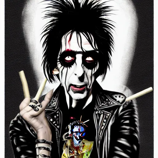 Prompt: graphic illustration, creative design, alice cooper as a punk, biopunk, francis bacon, highly detailed, hunter s thompson, concept art