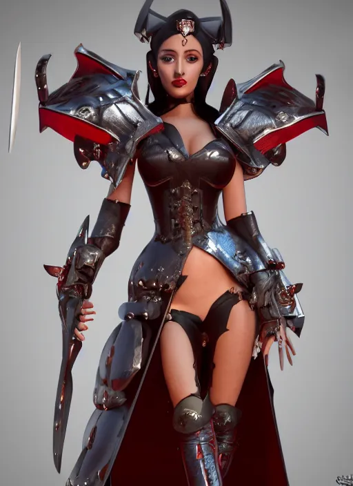 Image similar to Hades Ariana Grande wearing metal and leather fantasy battle armor with a red cloak by Ilya Kushvikov, symmetrical face concept art, octane render unreal engine meta humans, artstation