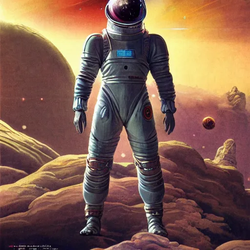 Image similar to photoreal full body of a hulking chinese man in scifi space suit on a rocky planet, nebula milky way background, by norman rockwell and boris vallejo, artstation, concept character art