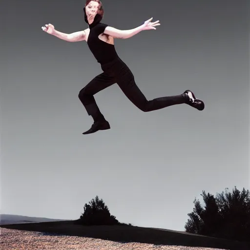 Prompt: a solarpunk cyborg jumping, jete, in the syle of helmut newton, herb rits, hyperrealistic photograph, 8 k