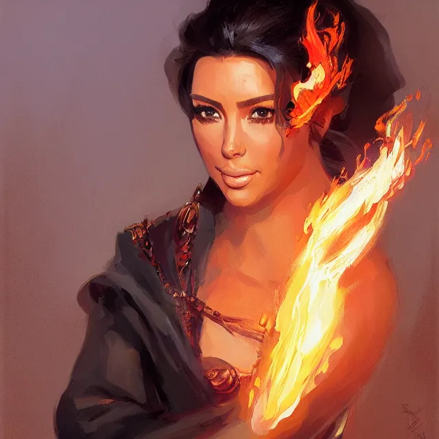 Image similar to Kim Kardashain as a firebender, portrait, elegant, intricate, digital painting, artstation, concept art, smooth, sharp focus, illustration, art by konstantin korovin and Daniel F. Gerhartz and john howe