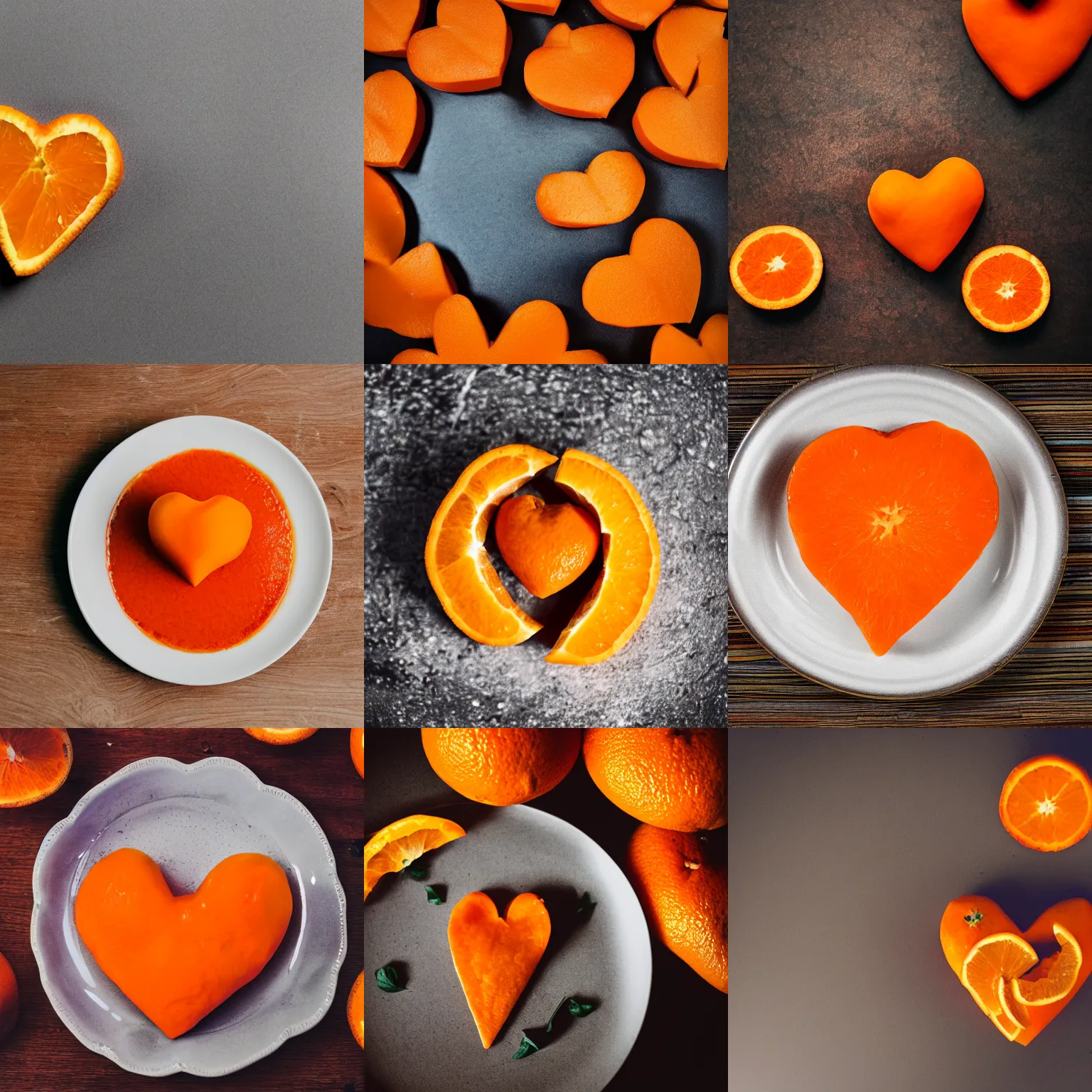 Prompt: orange in the shape of a heart, food photography, Sigma 24mm f/8