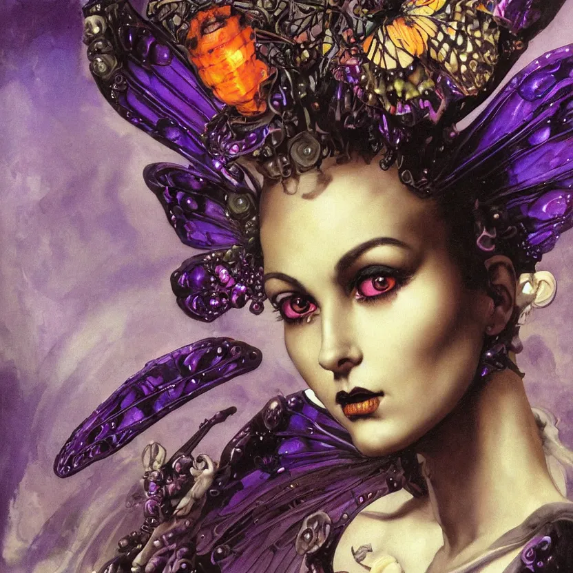 Prompt: baroque neoclassicist close - up portrait of a dark retrofuturistic alien witch butterfly fairy goddess gazing intensely with big eyes. dark purple and orange light. iridescent and reflective textures. highly detailed science fiction painting by norman rockwell, frank frazetta, and syd mead. rich colors, high contrast, gloomy atmosphere. trending on artstation and behance.