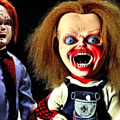 Image similar to Chucky the killer doll being held by Johnny Depp playing Charles Lee Ray