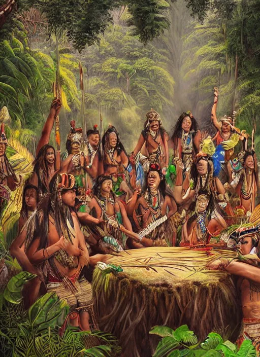 Prompt: a beautiful painting of an indigenous tribe celebrating in the jungle, fantasy art, matte painting, highly detailed