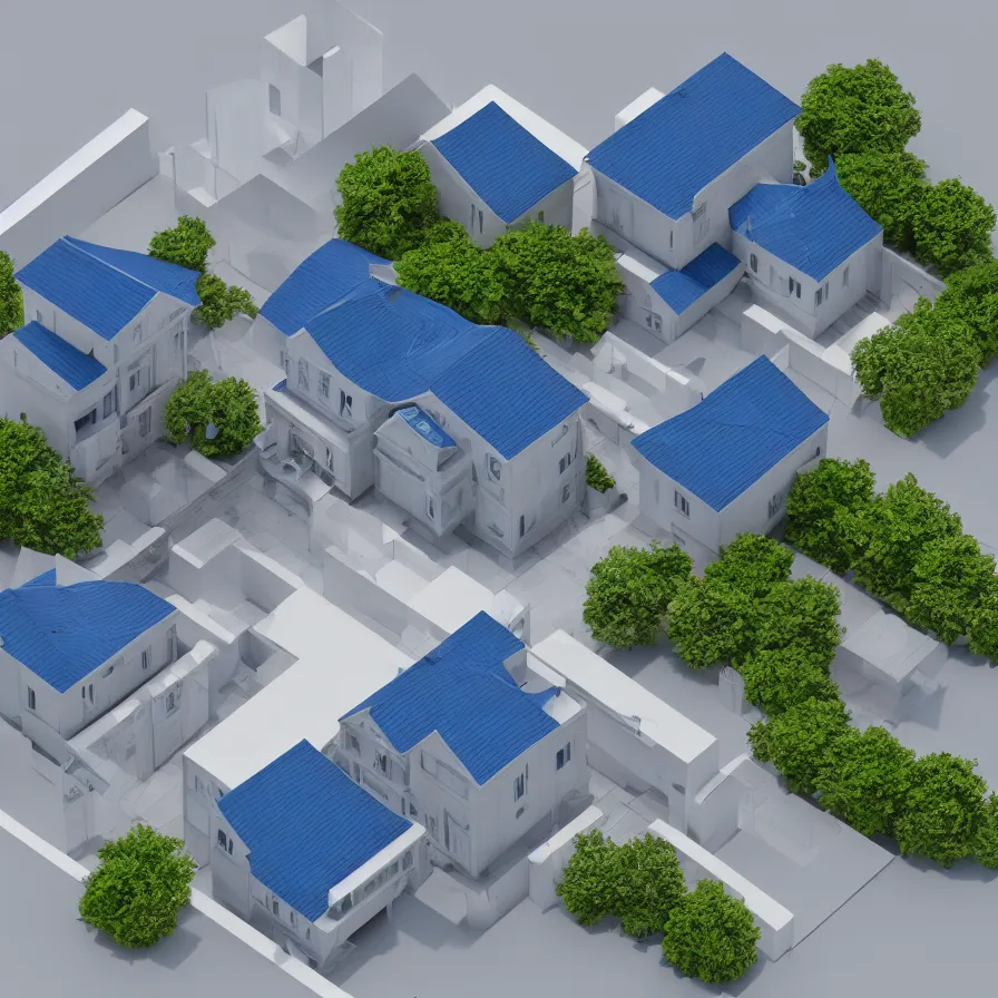 Prompt: architectural model, isometric view, 3 d render, studio lighting, high contrast, highly detailed, single building, house, courtyard, tree, blue