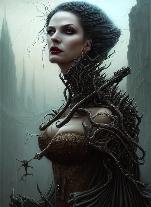 Image similar to closeup portrait shot of a vampire queen in a scenic dystopian environment, intricate, elegant, highly detailed, centered, digital painting, artstation, concept art, smooth, sharp focus, illustration, artgerm, tomasz alen kopera, peter mohrbacher, donato giancola, joseph christian leyendecker, wlop, boris vallejo