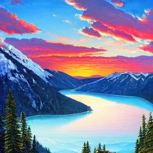 Prompt: a serene view from on-top of a mountain lined with a stunning forest, beautiful glaciers flowing into a shimmering blue lake below, blue sky with soft puffy clouds, Chinook sunset in background, 4k, highly detailed, oil painting