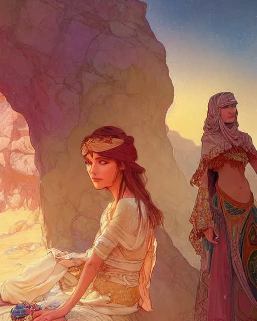 Image similar to bedouin in the desert, highly detailed, gold filigree, romantic storybook fantasy, soft cinematic lighting, award, disney concept art watercolor illustration by mandy jurgens and alphonse mucha and alena aenami, pastel color palette, featured on artstation