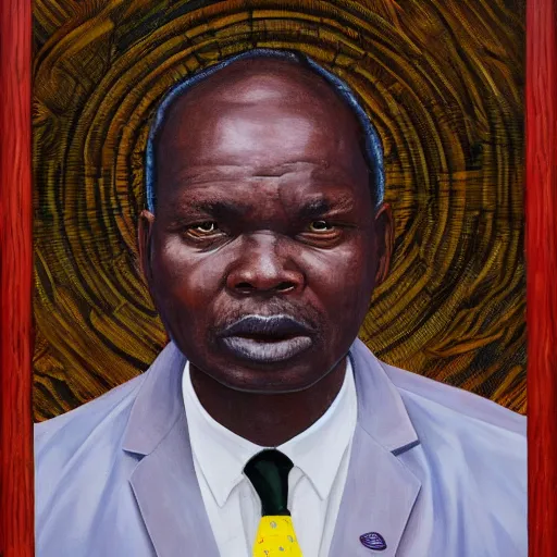 Image similar to a painting of a wide forehead, round face, XXL , smirky, fatherly, loving, caring, generous, ever-present, humble, wise elder from Kenya in a suit by Kehinde Wiley . Fatherly/daddy, focused, loving, leader, relaxed,. ethereal lights, details, smooth, sharp focus, illustration, realistic, cinematic, artstation, award winning, rgb , unreal engine, octane render, cinematic light, macro, depth of field, blur, red light and clouds from the back, highly detailed epic cinematic concept art CG render made in Maya, Blender and Photoshop, octane render, excellent composition, dynamic dramatic cinematic lighting, aesthetic, very inspirational, arthouse.