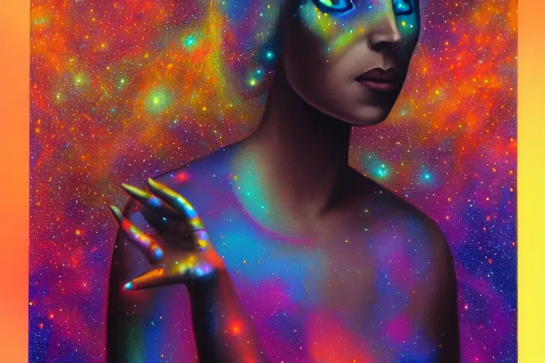 Image similar to patron saint of 🛸🌈👩🏾, futuristic iridescent clothing, wormhole, nebula, black hole, multiverse, neon god of city character portrait, in the style of margaret keane, moebius, tom bagshaw, and waterhouse, cinematic lighting, beautiful, elegant, oil painting,