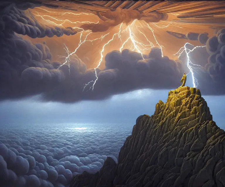 Image similar to hyper detailed 3d render like a Oil painting - greek god zeus standing tall on top of mount olympus, lightning storm in background, by Jacek Yerka, Mariusz Lewandowski, Houdini algorithmic generative render, Abstract brush strokes, Masterpiece, Edward Hopper and James Gilleard, Zdzislaw Beksinski, Mark Ryden, Wolfgang Lettl, hints of Yayoi Kasuma, octane render, 8k