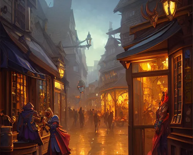 Image similar to shop front, window, magic items, busy street, deep focus, d & d, fantasy, intricate, elegant, highly detailed, digital painting, artstation, concept art, matte, sharp focus, illustration, hearthstone, art by artgerm and greg rutkowski and alphonse mucha