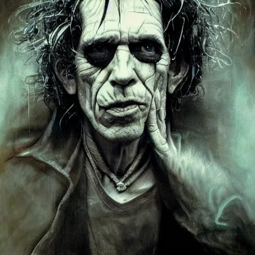 Image similar to stunning portrait of gaunt keith richards a ( the cure fan ) as dream from sandman, dim stars as eyes, by jeremy mann, by cedric peyravernay, by by russ mills, by richard avedon and ben templesmith, dramatic lightning, sadness, dark eye sockets, in the shadows, punk rock, gothic, high detailed, 8 k