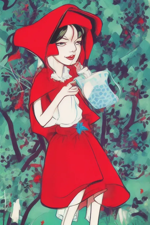 Prompt: little red riding hood as alice in wonderland by sho murase