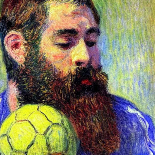Image similar to monet painting of a bearded man with short hair kissing a soccer ball, closed eyes, intimate, beautiful, highly detailed, realistic,